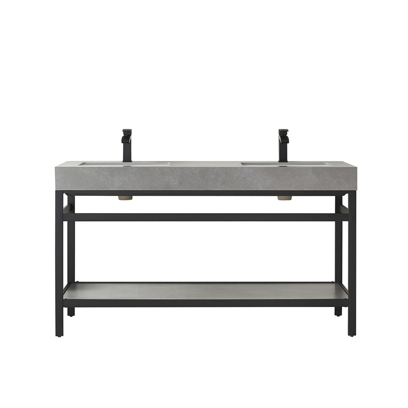 Ensemble de meuble-lavabo double 60 po Funes, Dalle de pierre calcaire, Noir mat, Noir mat