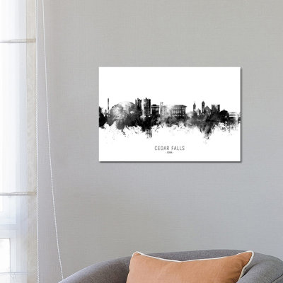 Cedar Falls Iowa Skyline Name Blank And White by Michael Tompsett - 1 Piece Wrapped Canvas Painting