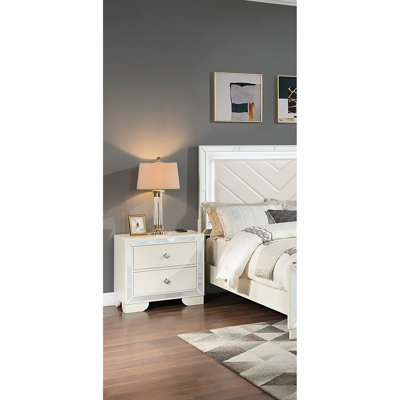 Andreas Classic Luxury Look Cream Bedside Table With 2 Drawers, Wireless Charging, And Diamond Knob Handle Front Wooden Top