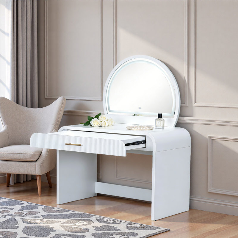 Coiffeuse de maquillage avec miroir lumineux à écran tactile, coiffeuse avec tiroir et bords arrondis