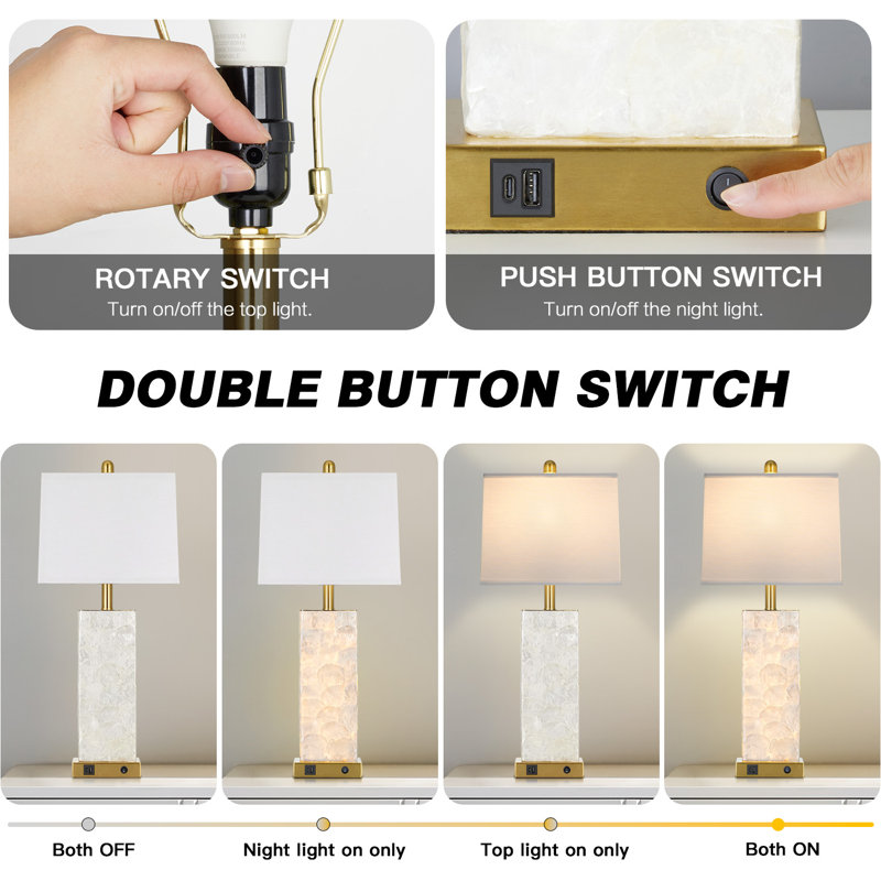28” Elegant Shell-Inspired Table Lamp with USB Charging Ports, LED Bulbs and Nightlight, Gold