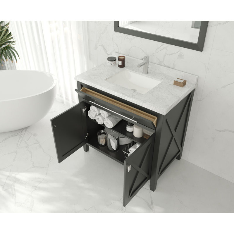 Ensemble de meuble-lavabo simple 36 po Pyles, Espresso, Marbre blanc