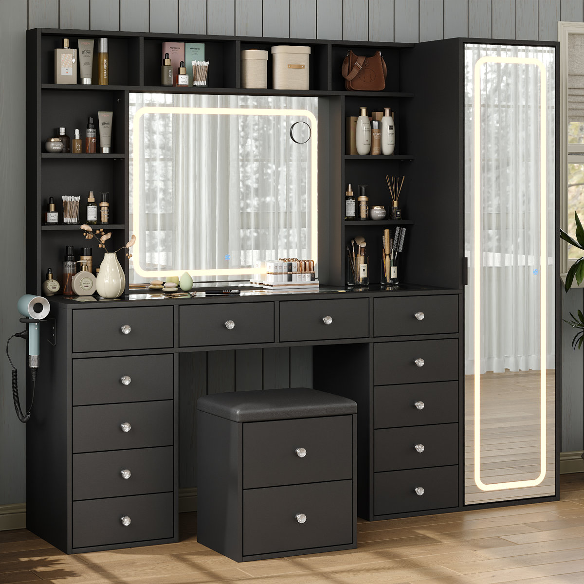 Jamair Desk Full Length Mirror & LED Mirror With Power Outlet, Makeup Jamair 12 Drawers And 10 Open Storage Shelves, Hidden Storage Capacity, Dimmable
