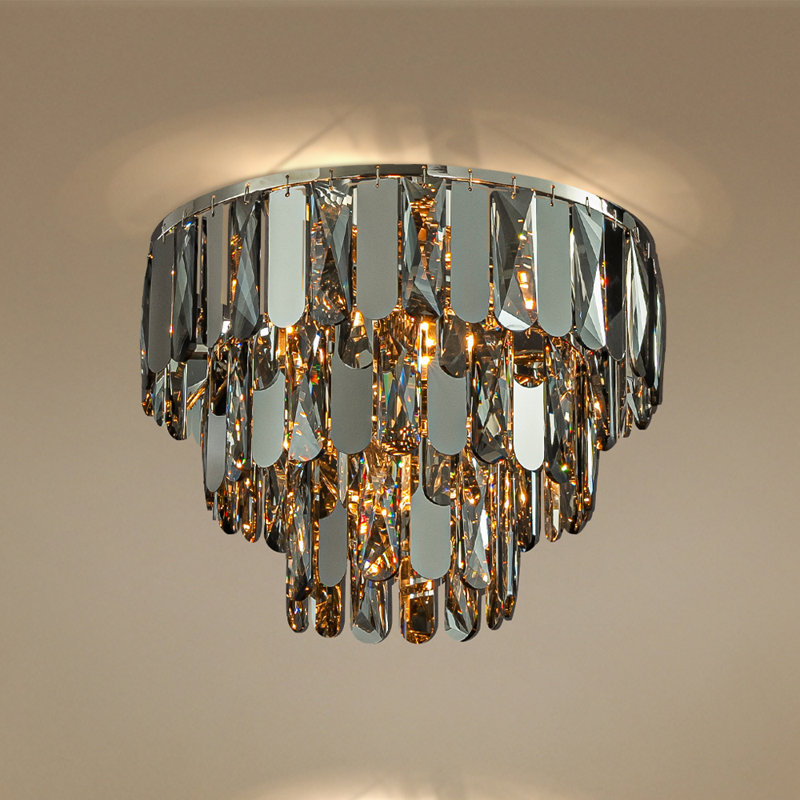 4-light Dimmable 3-tier Smoked Crystal Flush Mount Ceiling Light 14" Round Low Profile Chandelier With Polished Nickel Finish And Stainless Steel Accents For Dining Room, Entryway