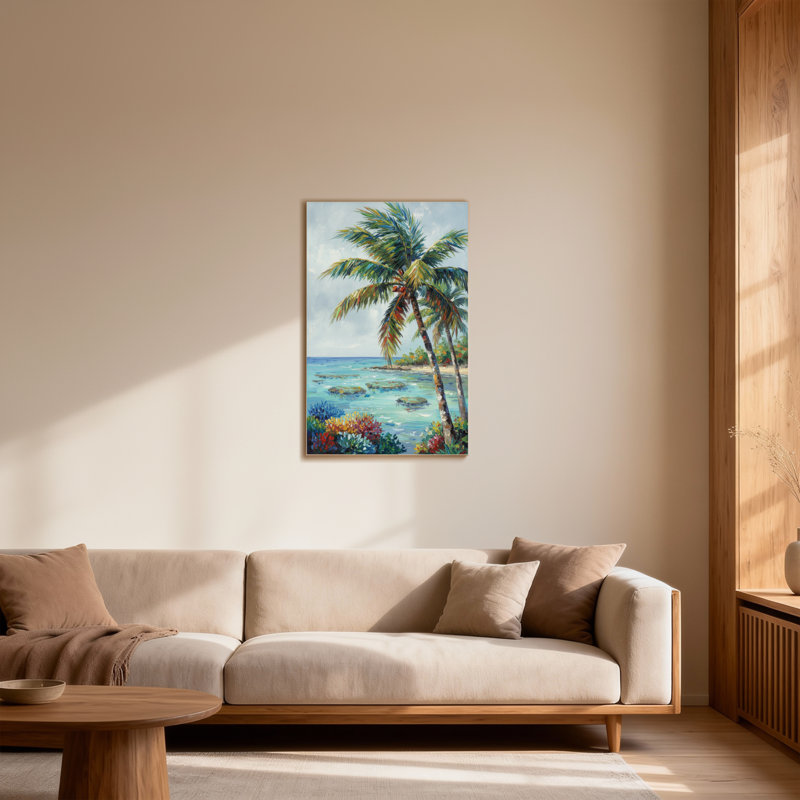 Plantes et fleurs, plage tropicale, palmiers, vue sur l'océan, H 40 po x l 28 po
