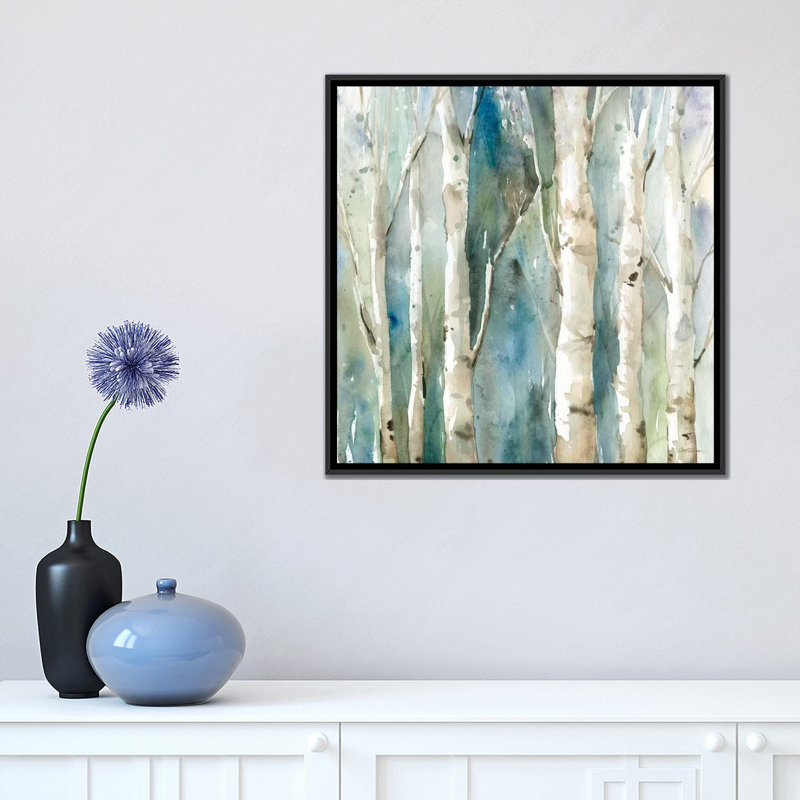 « river bouleau i », impression sur toile tendue, H 18 po x l 18 po x P 1,5 po, Toile avec cadre noir, Pas de tapis