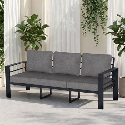 Canapé d'extérieur en aluminium 92,13 po à 3 places avec coussins, canapé moderne toutes saisons pour grande terrasse, coussin gris foncé