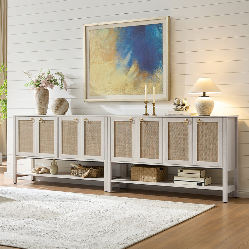 Pomodoro Boho Rattan Sideboard With 4-Door And 1- Open Shelf,  Versatile Storage Cabinet, White/Cream/Oak