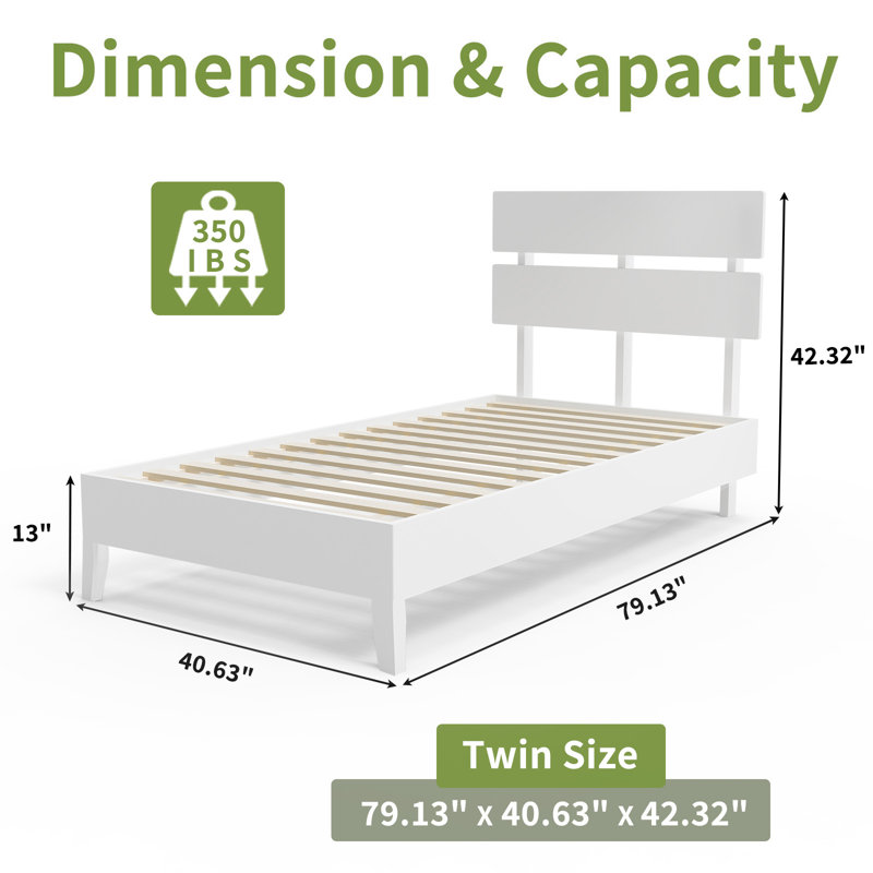 Solid Wood Platform Bed Frame , Twin Bed Frame With Headboard Included, Mid Century Modern Bed, White, White, Twin