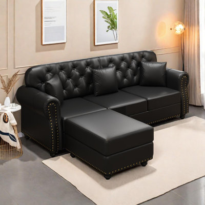 82.6" Upholstered Sofa with Nailhead Trim and Tufted Design, Includes Ottoman and Pillows