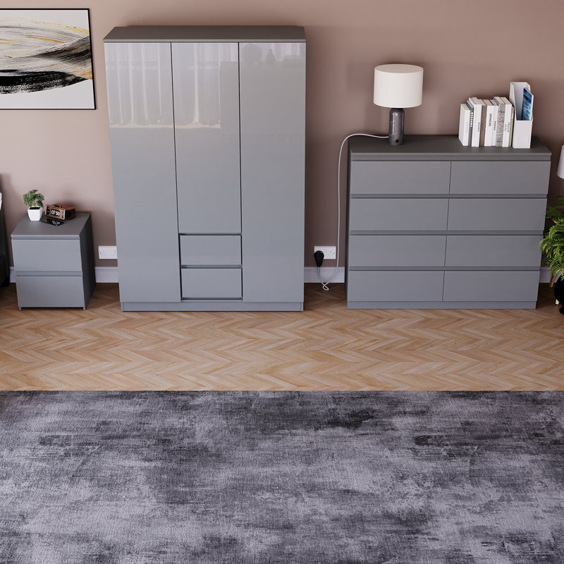 3 Piece Bedroom Set (2 Drawer Bedside Chest, 8 Drawer Chest, 3 Door 2 Drawer Wardrobe), (100% FSC), Grey