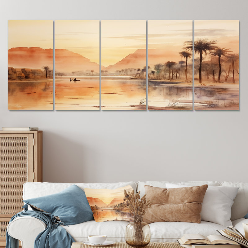 Ancienne rivière égyptienne, art mural 5 pièces, H 28 po x l 60 po