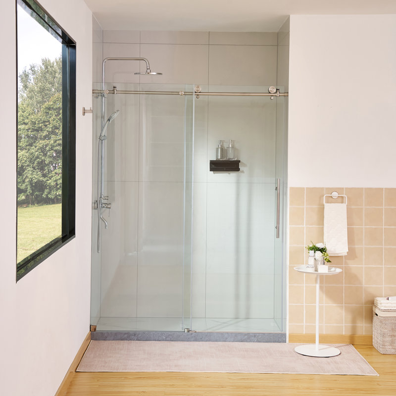 56–60" W x 76" H Frameless Bypass Single Sliding Shower Door with Explosion-Proof Clear Glass, Brushed Nickel