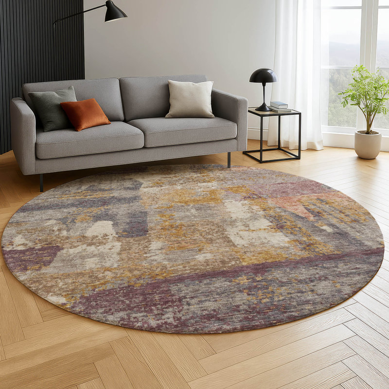 Premium Machine Washable Mayfield AMF2147 abstract Rug, Rust, Round 8'