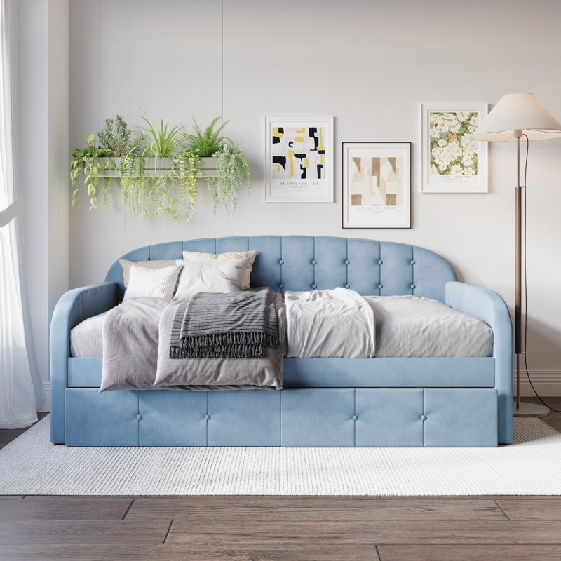 Caitronia Upholstered Daybed With Storage Drawers, Light Blue