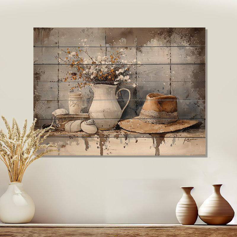 Farmhouse Hat And Wildflower Vase - Countryside Landscape Wood Wall Decor On Natural Pine Wood