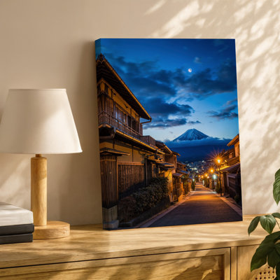 Canvas A Tranquil Night Scene Showcasing A Traditional Japanese Neighborhood Nestled Wall Art In The Foreground With Wooden Houses Canvas Wall Art