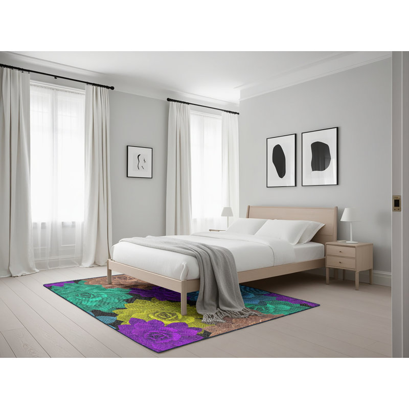 Tapis mauve/jaune/vert tissé à la machine, Rectangle 5 pi x 7 pi