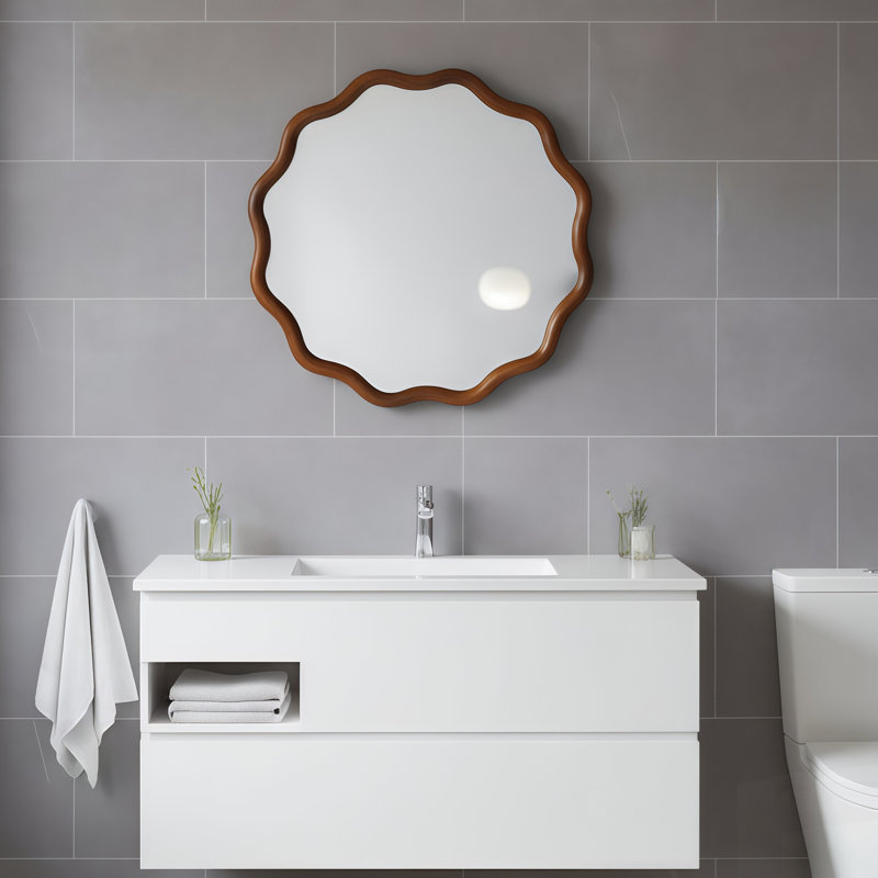 Miroir décoratif rond en bois massif Wavy, Blanc, 30 po x 30 po