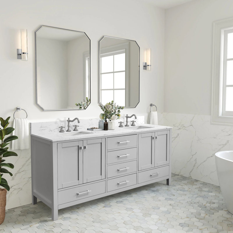 Meuble-lavabo moderne avec lavabos doubles et rangement, Gris / Nickel brossé, 72"