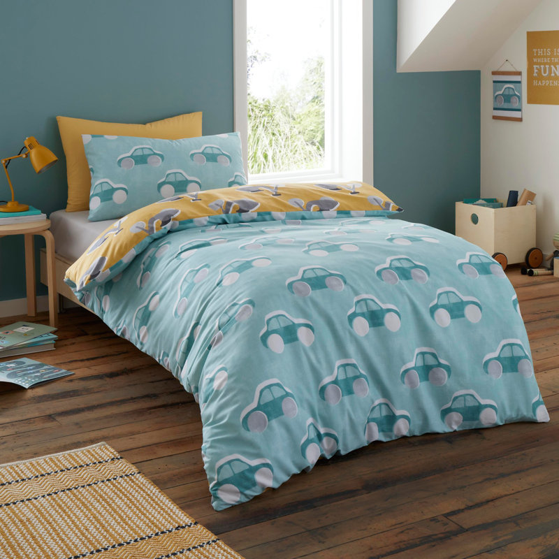 Cool Cars Cotton No Pattern Duvet Cover Set, Yellow/Blue, Double - 2 Standard Pillowcases