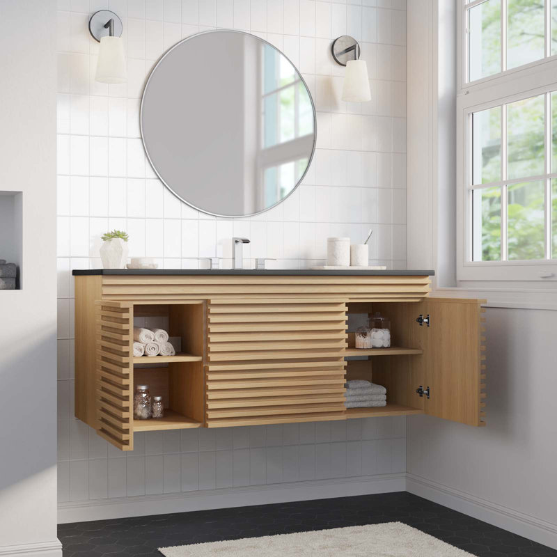 Modway Render 48" Wall-Mount Bathroom Vanity, Black, Oak