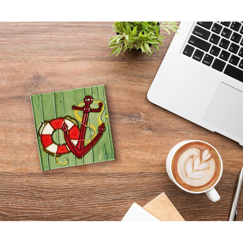 Hand-Painted Green and Red Ceramic Anchor Tile Wall Decor