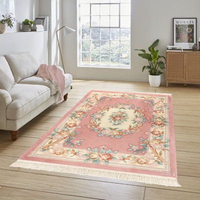 Oriental Estate Rose Wreath Pink Beige Hand Knot Wool Traditional Medallion Border Oriental Area Rug