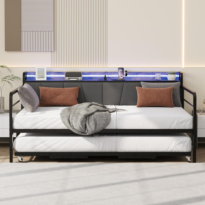 Daybed with Trundle & LED Lights, Metal Frame Linen Headboard & Charging Station, Black