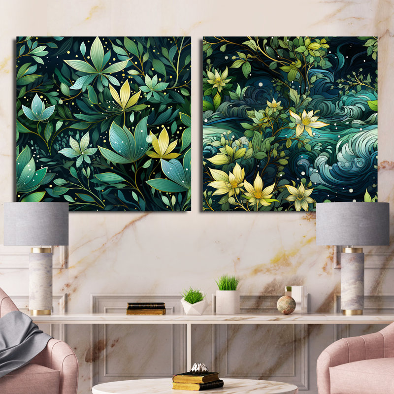 Natures Meditation Mediation - Ensemble de 2 collages carrés botaniques abstraits, H 16 po x l 33 po, Toile tendue