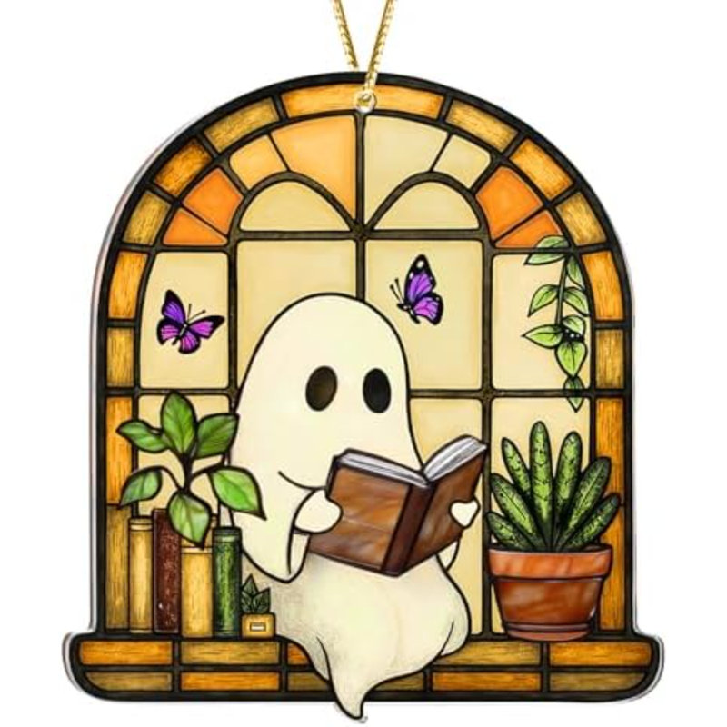 Figurine d'Halloween en acrylique, décorations d'Halloween, cadeau de fantôme mignon pour les amateurs de livres, décor d'automne gothique pour fenêtre, pour les femmes (fenêtre Boo)