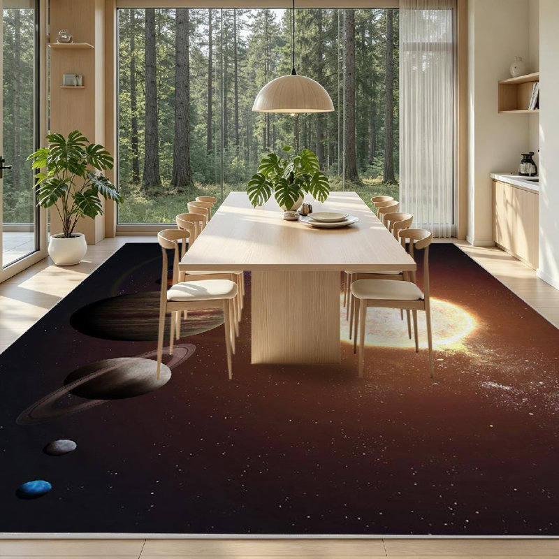 Tapis transparent transparent lavable à la machine, avec système solaire montrant les planètes, Rectangle 79" x 118"