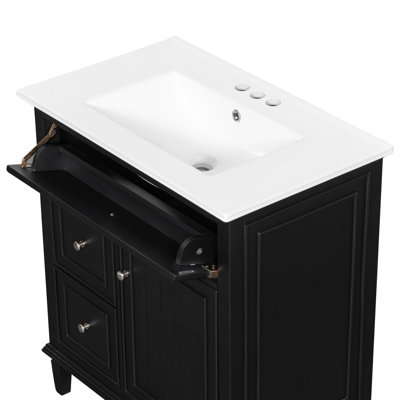 Meuble-lavabo de 30 po avec lavabo, meuble-lavabo avec un tiroir rabattable et deux tiroirs, tablette réglable, bois massif et panneau de fibres à densité moyenne, noir