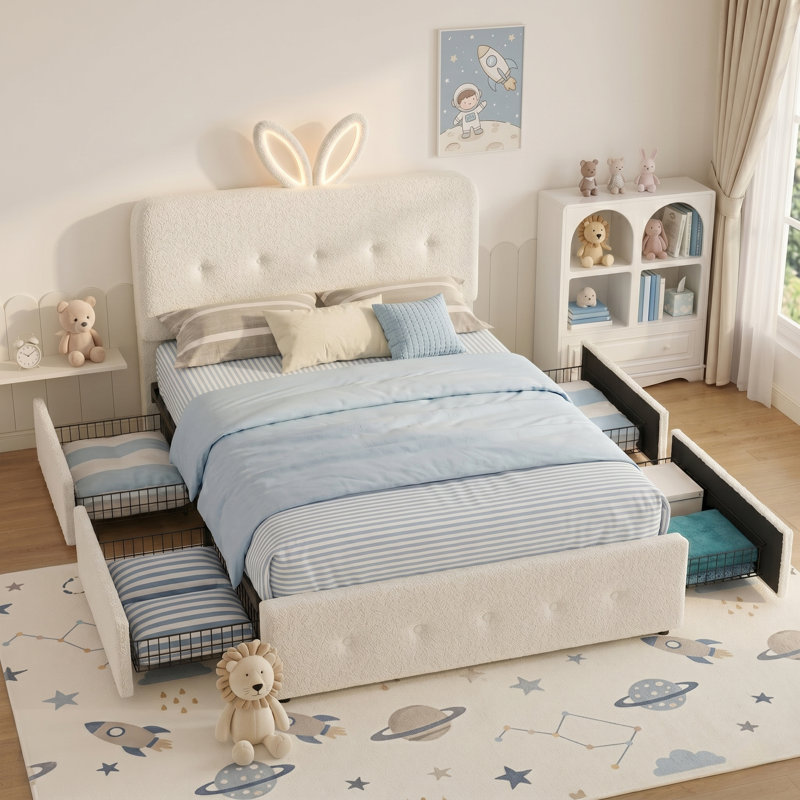 Base de lit pleine grandeur pour lit tapissier Boucle, tête de lit à oreilles DEL avec 4 tiroirs de rangement