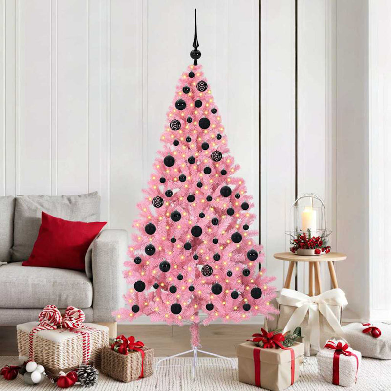 5.91' H Lighted Artificial Christmas Tree, Pink, 180 cm, with 120 Black Balls