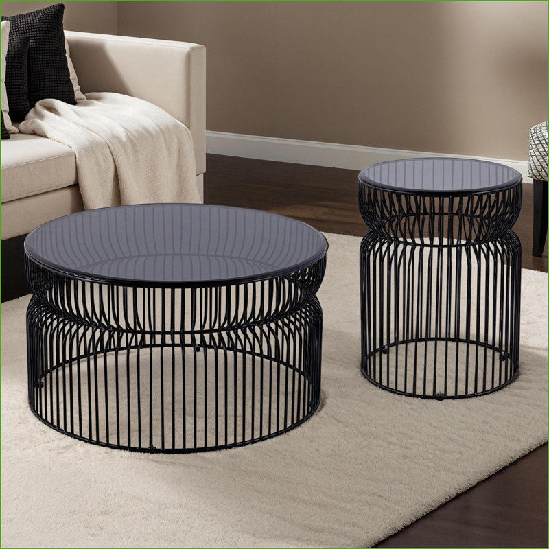 Table basse moderne en métal noir Ensemble de tables de bout peu encombrantes avec verre trempé facile à nettoyer, Noir