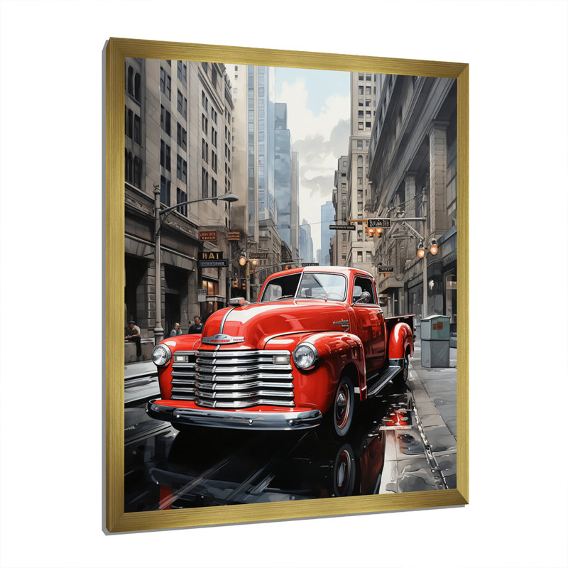 Camionnette rouge Laphonso Cityscape Hauler IV - impression, H 44 po x l 34 po x P 1,5 po, Encadrement doré