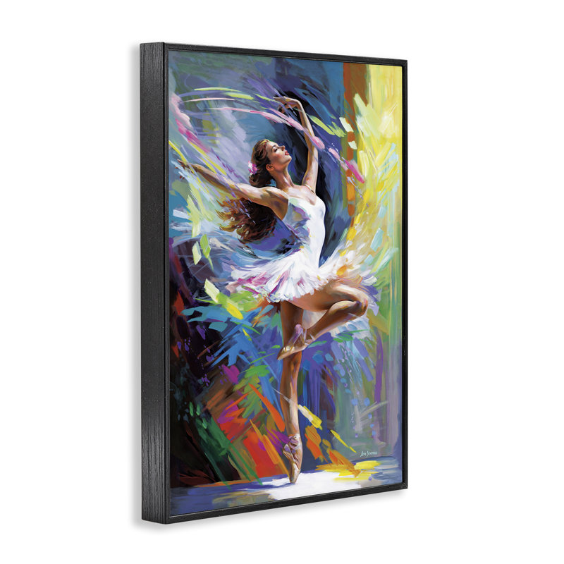 Art de giclée ballerine dansante aux couleurs vives par Leon Devenice, H 18 po x l 12 po, Giclée encadrée noir minuit