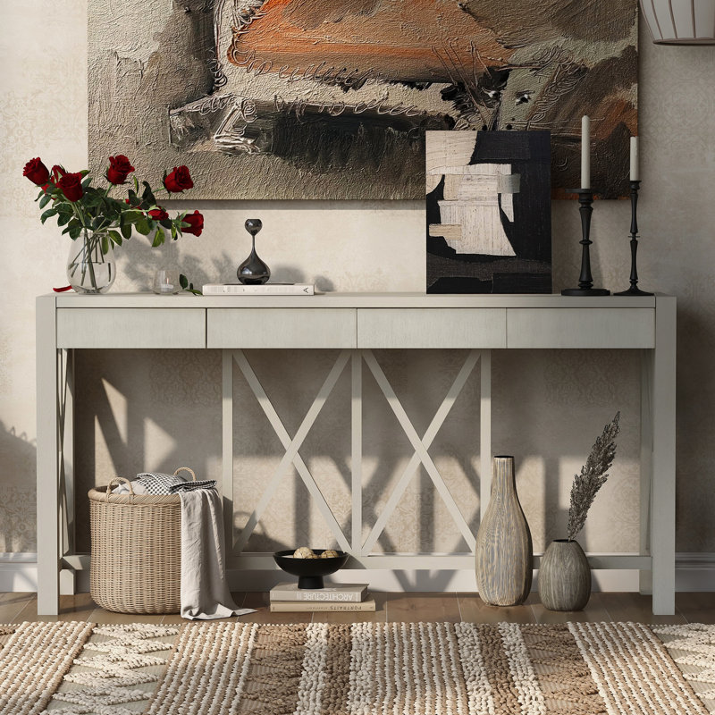 Table de 60 po, placage, 4 tiroirs, console de rangement ouverte en dessous, Beige