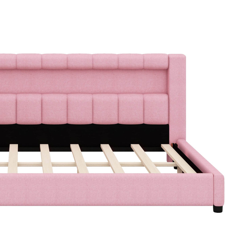 Upholstered Daybed With Storage Headboard, Charging Station & LED Belt, L-Shaped Corner Bed, Full XL, Pink
