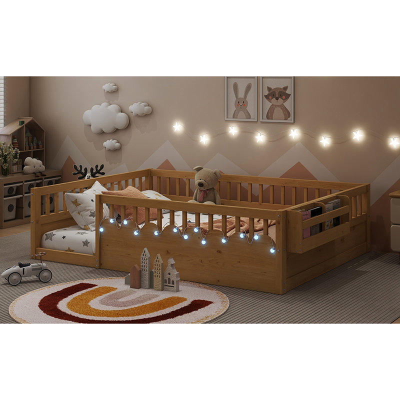 Gray Full - Sized Wood Floor Bed With High Rails, , And Side Storage Shelf, Promotes Safe Exploration Rail Storage, Solid Pine For ' Sleep