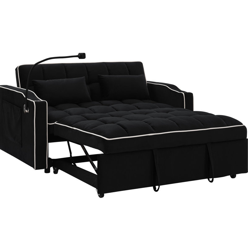 Lit moderne en velours avec dossier réglable, bâbord, cendrier, support pour téléphone rotatif et 2 coussins (accessoires de dossier / téléphone pliables noirs - noir