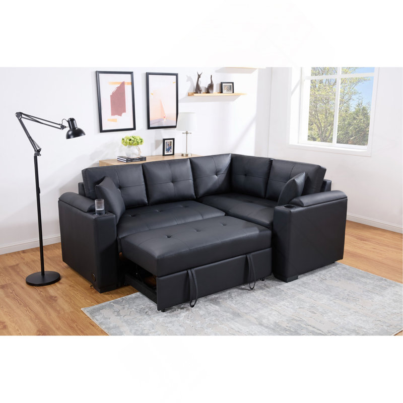 Canapé-lit modulaire en tissu PVC noir avec chargeur USB, porte-gobelets, accoudoirs de rangement l 84,5 po Donovan