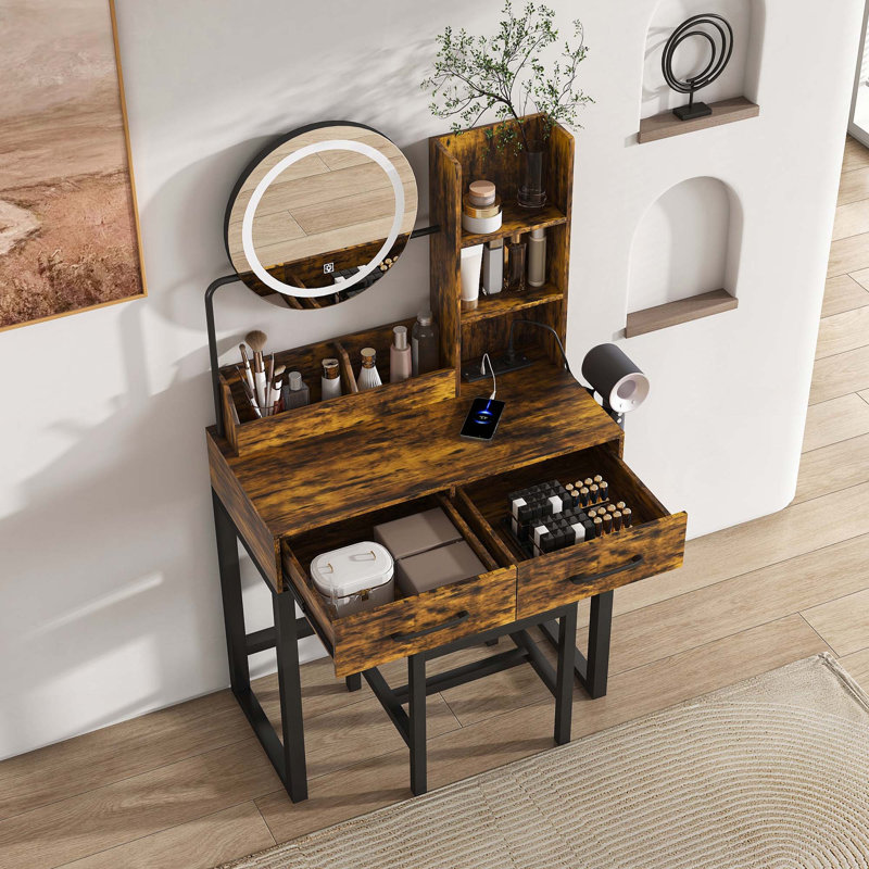 Makeup Vanity With LED Lights&3 Color And Power Outlet Makeup Vanity Table With 2 Big Drawers With Sturdy Metal Leg And Metal Chair ,Dressing Table For Bedroom Dressing Room