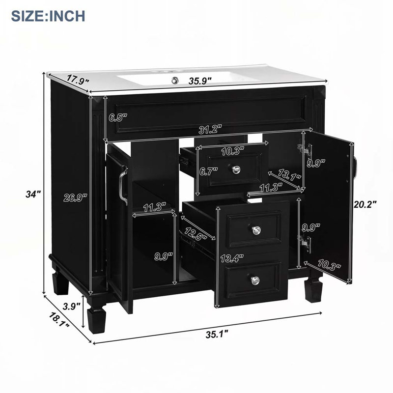 Bathroom Vanity with Ceramic Sink, 2 Soft Closing Doors and 2 Drawers, Black, Silver