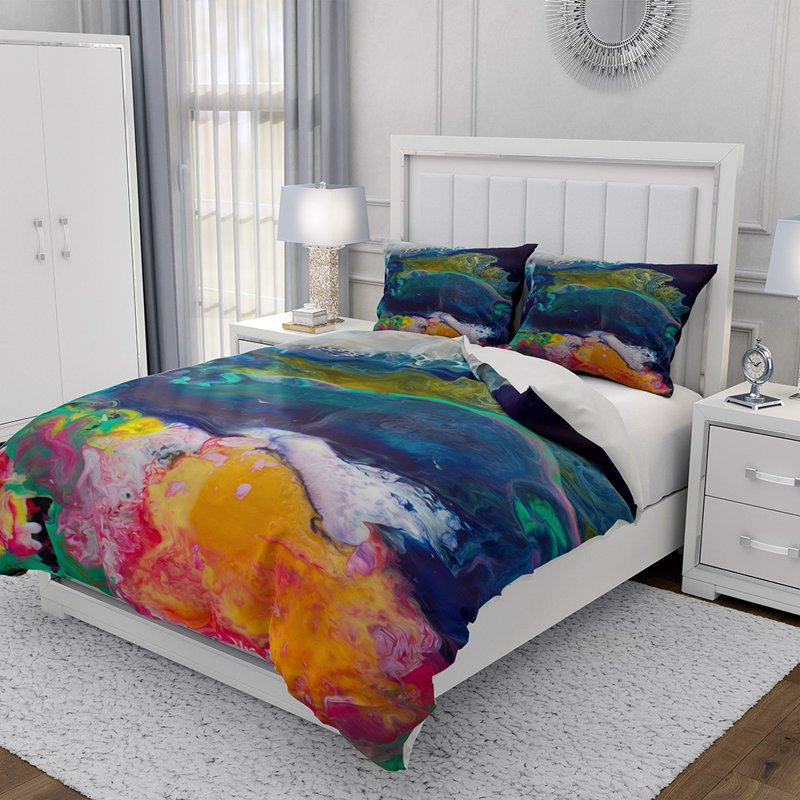  Ensemble de housse de couette en microfibre bleu, jaune et vert 3 pièces, Housse de couette pour grand lit et 2 taies décor