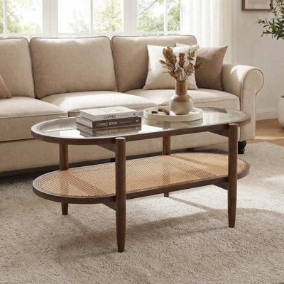 Sturdy Modern 2 Tier Coffee Table With Scratch Resistant Tempered Glass Tabletop And Durable Natural Acacia Wood Frame For Living Room