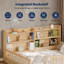 Lit Montessori double au sol avec bibliothèque intégrée et barrières de sécurité, lit d'enfant en pin massif naturel avec grande entrée
