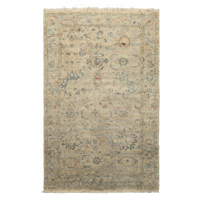 Tapis transitionnel Oushak gris en laine noué à la main 3 pi 4 po x 5 pi 4 po