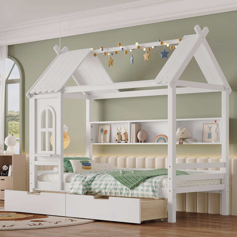 Structure de lit simple avec tiroirs de rangement et conception de fenêtre décorative, matériau en bois massif, cadre de lit plateforme avec tablettes de rangement, pour chambre d'enfant, filles, garçons et enfants